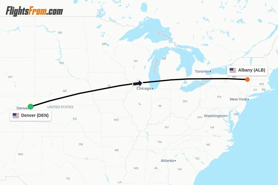Flights from Denver to Albany route map