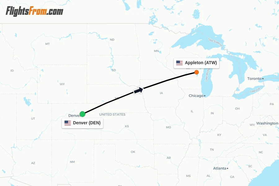 Flights from Denver to Appleton route map