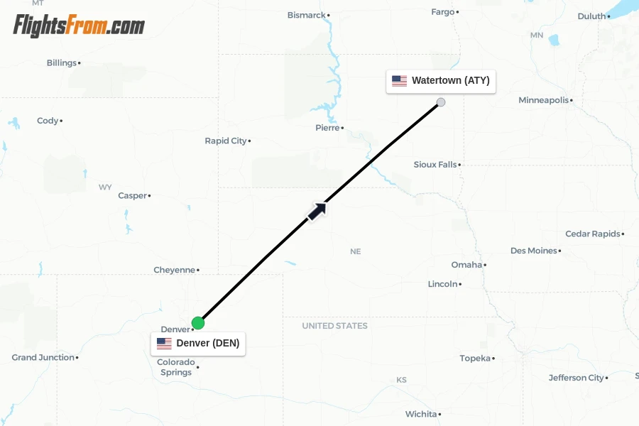 Flights from Denver to Watertown route map