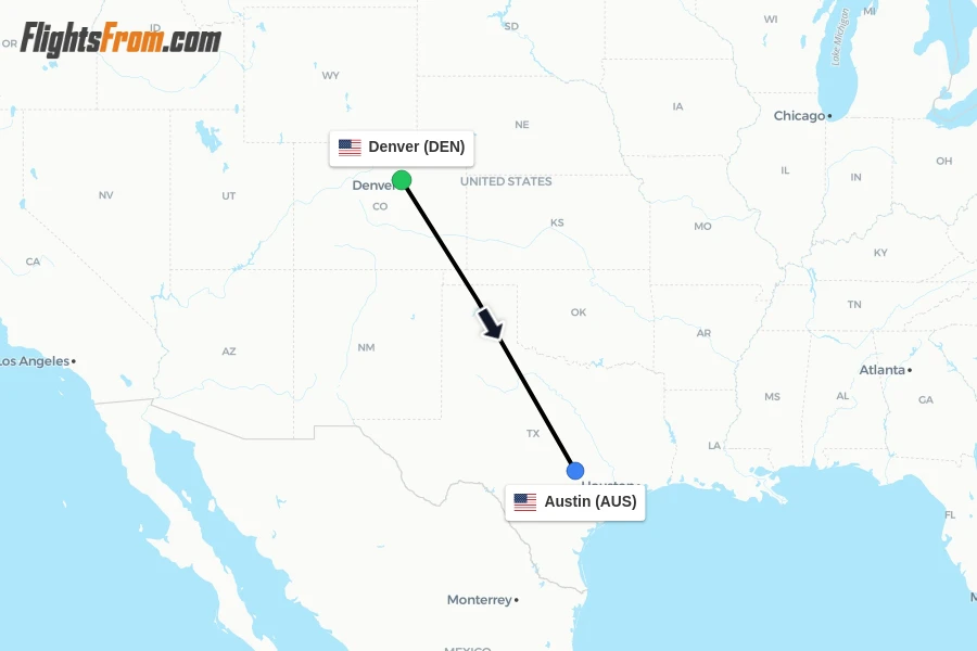Flights from Denver to Austin route map