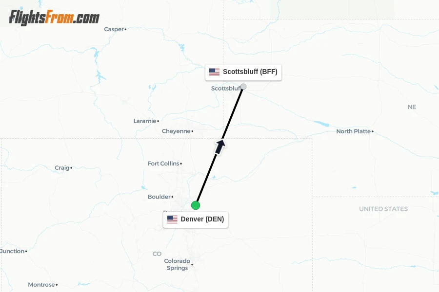 Flights from Denver to Scottsbluff route map