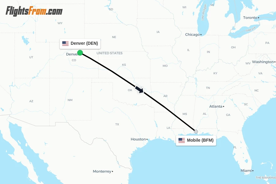 Flights from Denver to Mobile route map