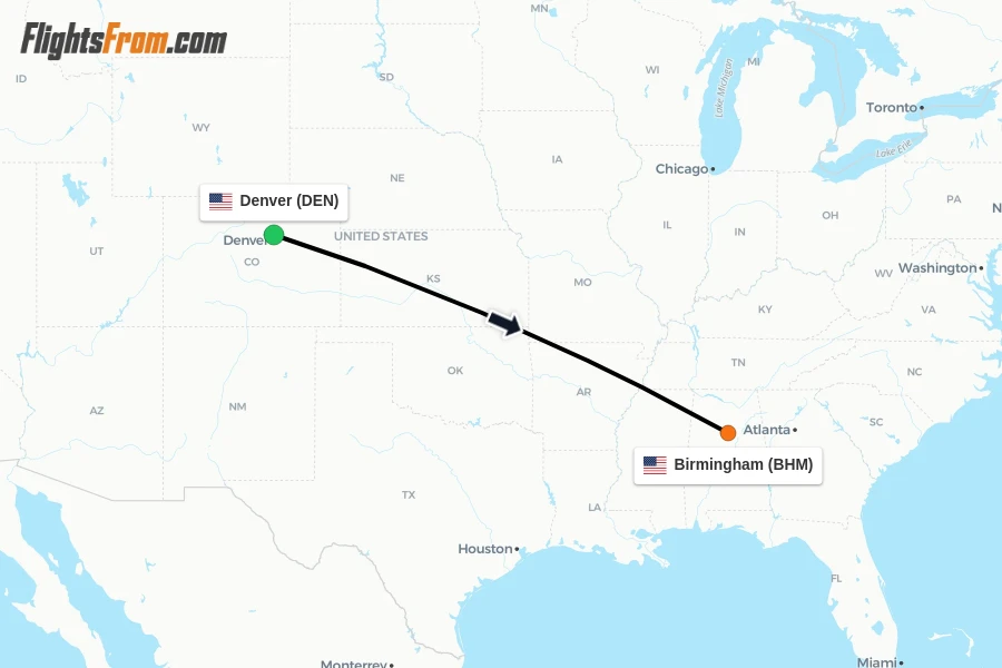 Flights from Denver to Birmingham route map
