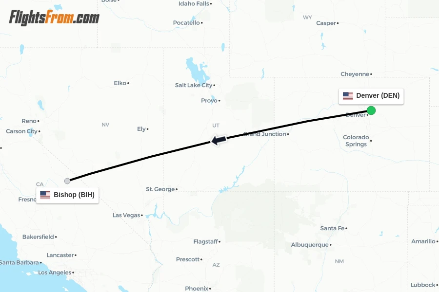 Flights from Denver to Bishop route map