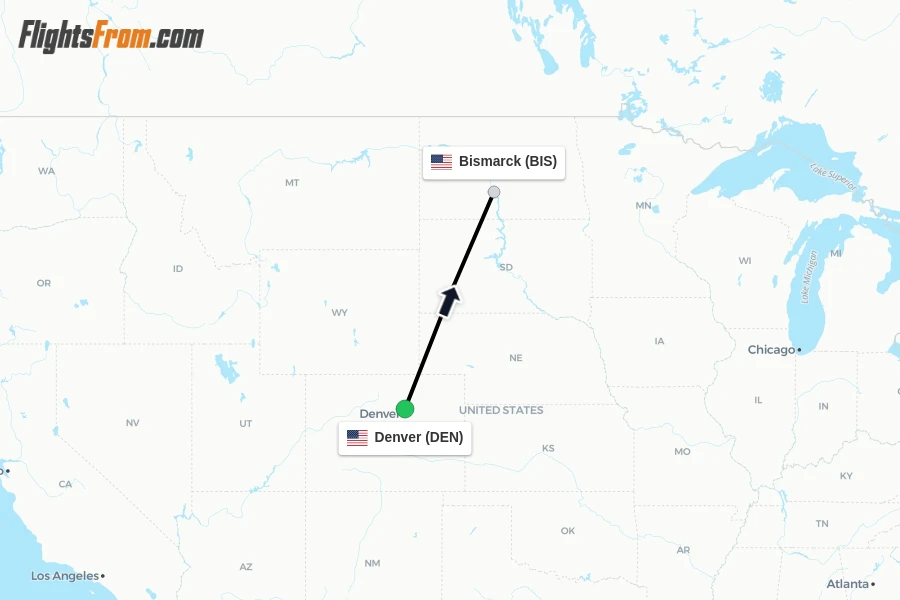 Flights from Denver to Bismarck route map