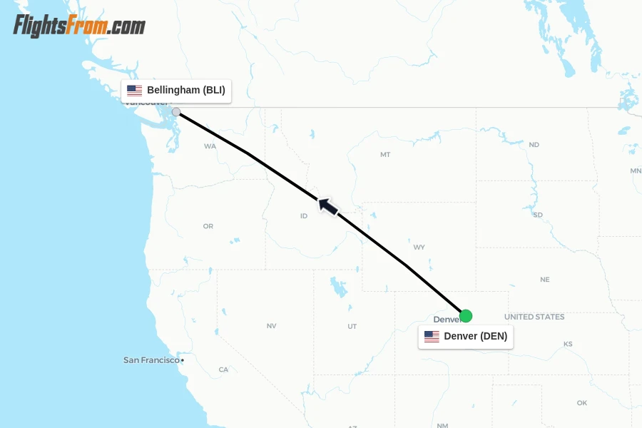 Flights from Denver to Bellingham route map