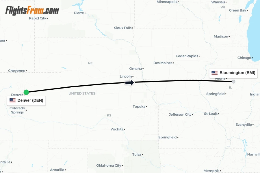 Flights from Denver to Bloomington route map