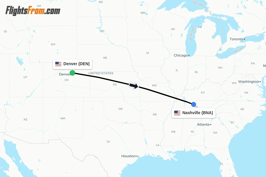 Flights from Denver to Nashville route map