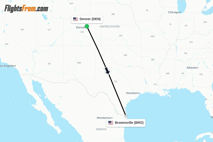 Flights from Denver to Brownsville route map