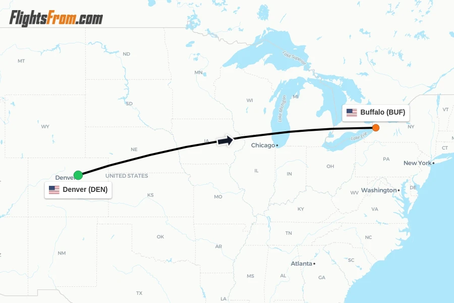Flights from Denver to Buffalo route map