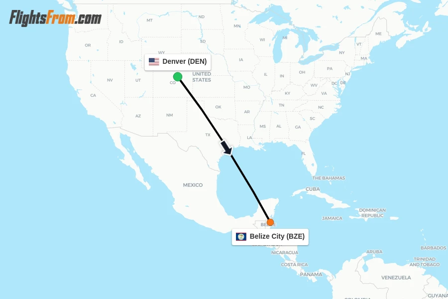 Flights from Denver to Belize City route map