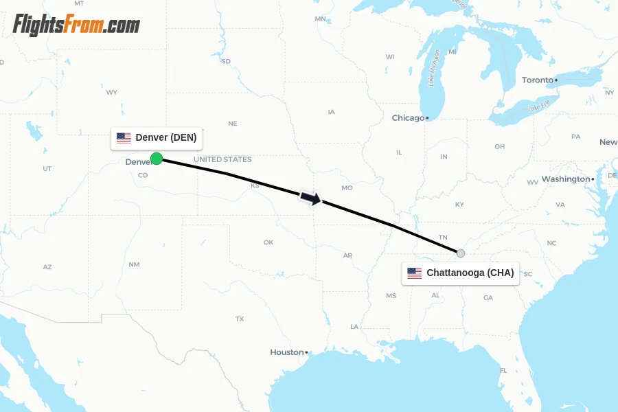 Flights from Denver to Chattanooga route map