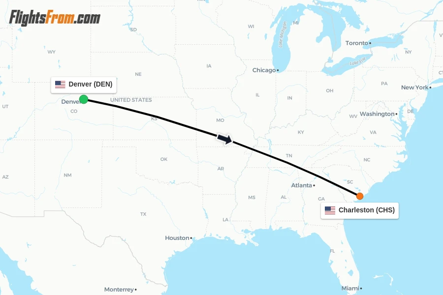 Flights from Denver to Charleston route map