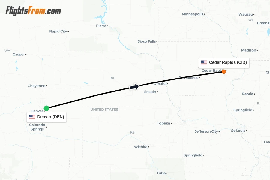 Flights from Denver to Cedar Rapids route map