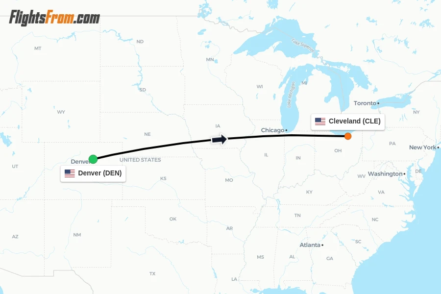 Flights from Denver to Cleveland route map