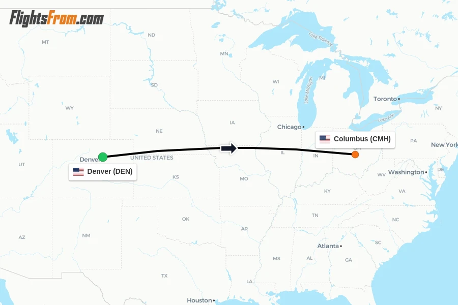 Flights from Denver to Columbus route map