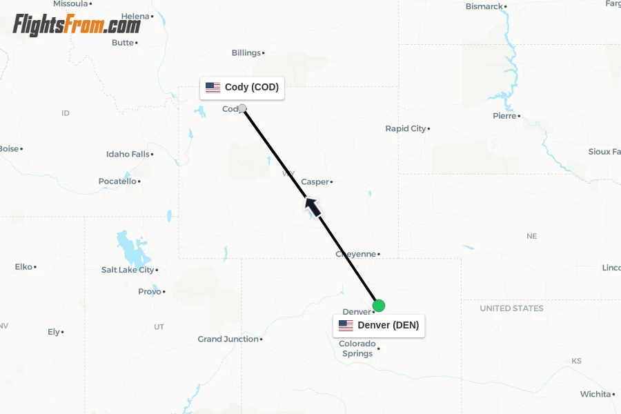 Flights from Denver to Cody route map