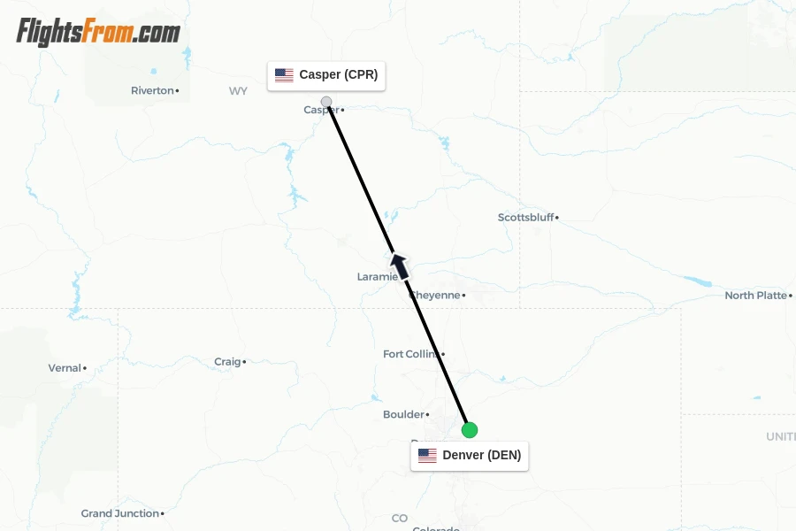 Flights from Denver to Casper route map