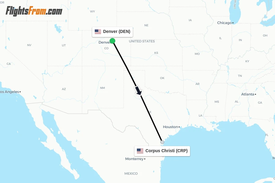 Flights from Denver to Corpus Christi route map
