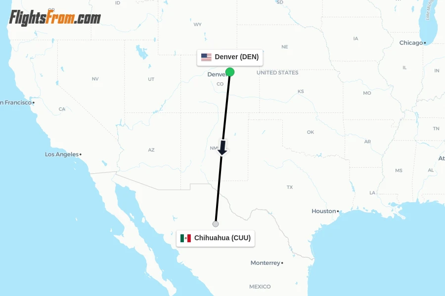 Flights from Denver to Chihuahua route map