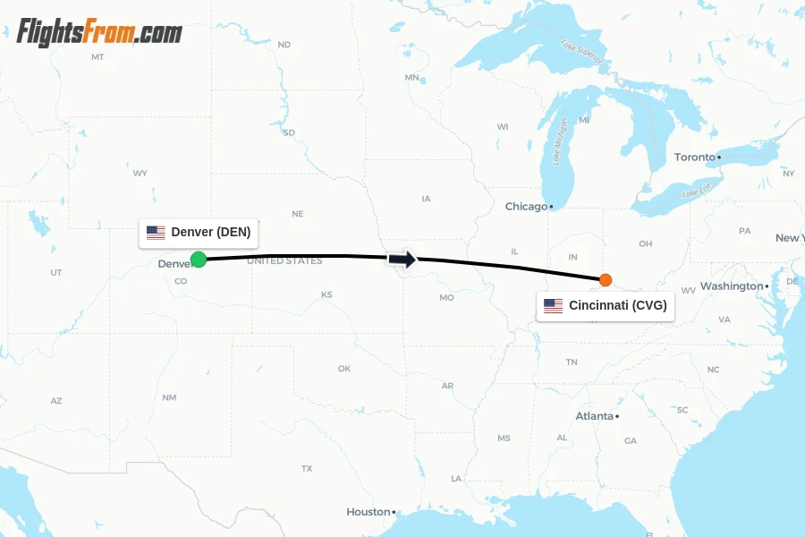 Flights from Denver to Cincinnati route map