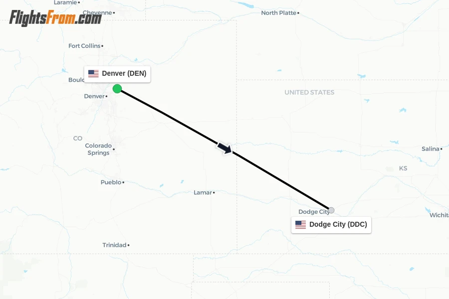 Flights from Denver to Dodge City route map
