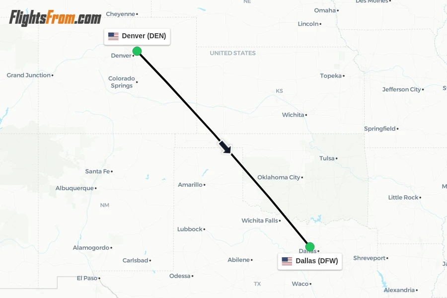 Flights from Denver to Dallas route map