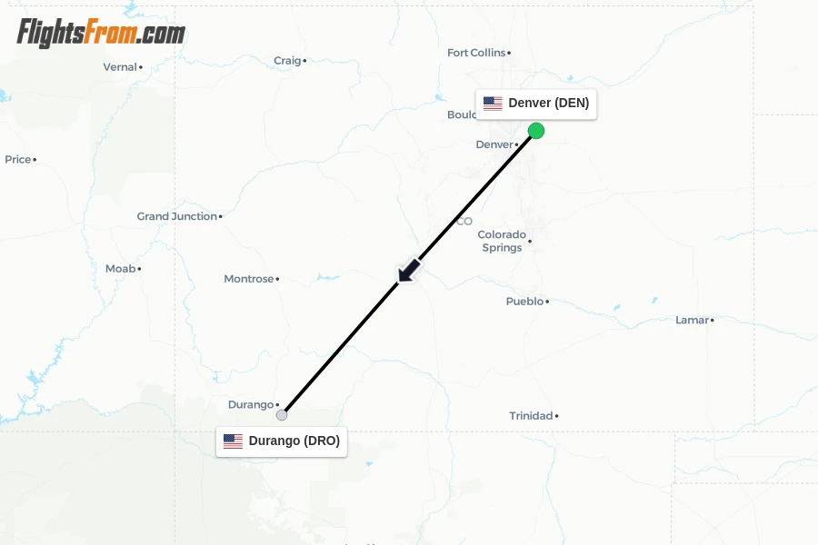 Flights from Denver to Durango route map