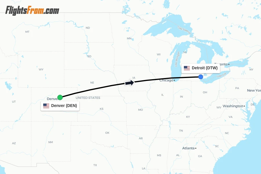 Flights from Denver to Detroit route map