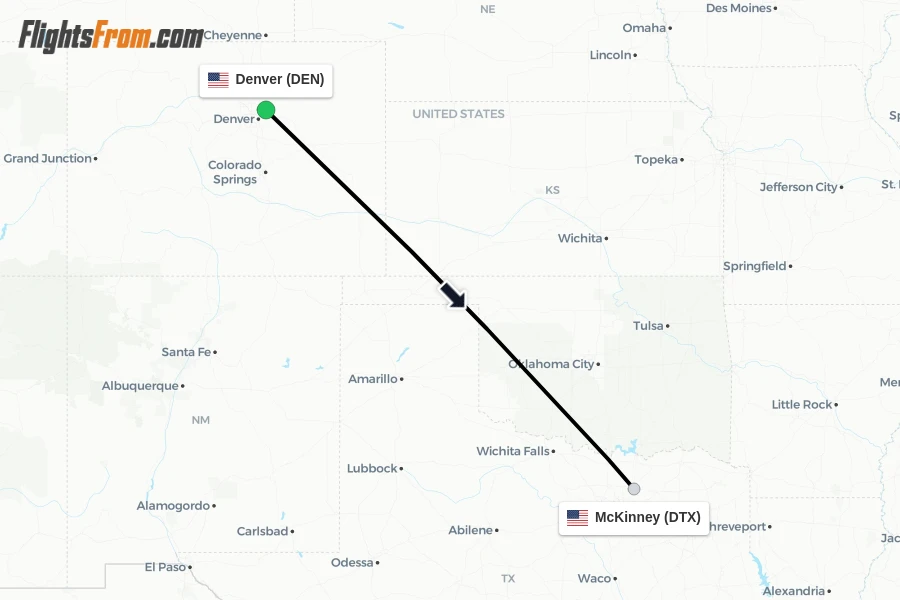 Flights from Denver to McKinney route map