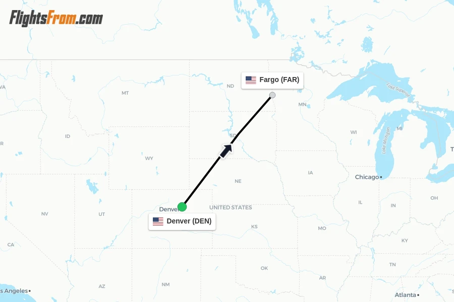 Flights from Denver to Fargo route map