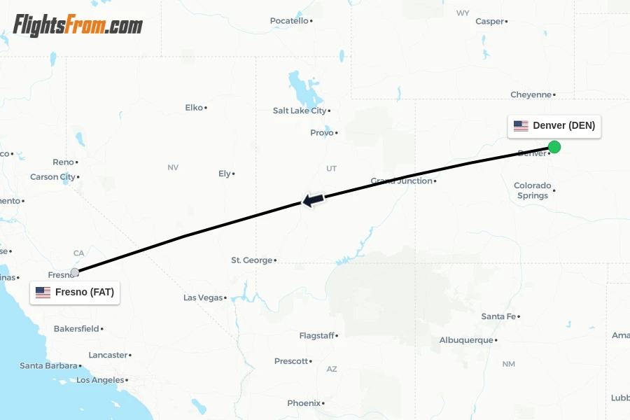 Flights from Denver to Fresno route map