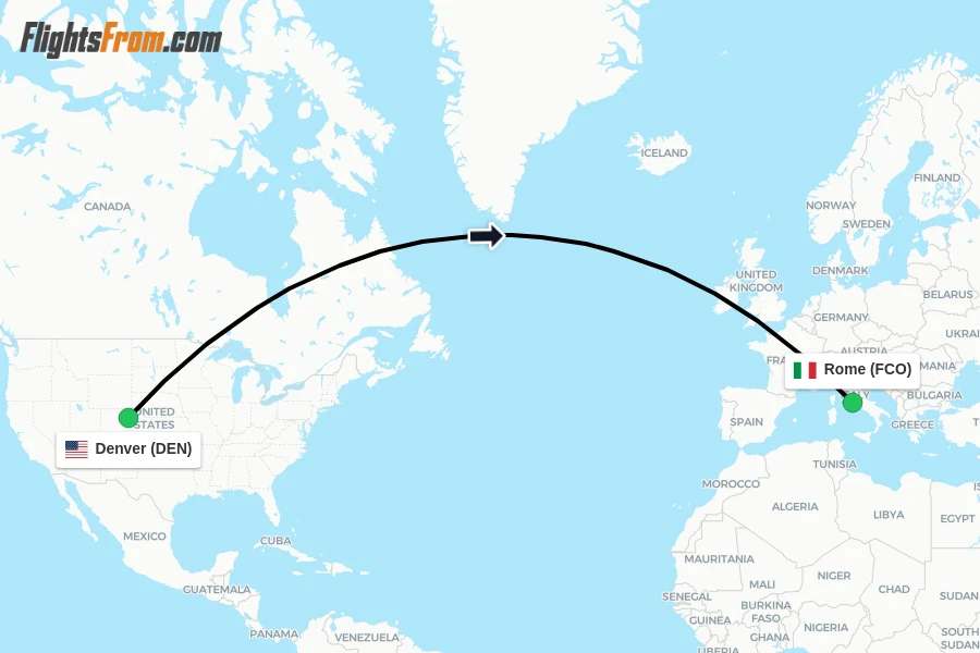 Flights from Denver to Rome route map