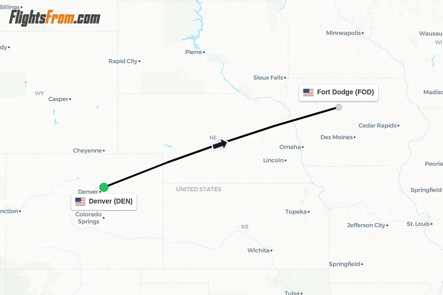 Flights from Denver to Fort Dodge route map