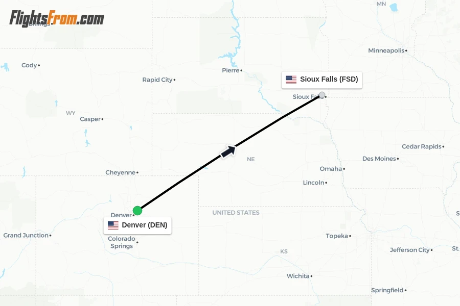 Flights from Denver to Sioux Falls route map