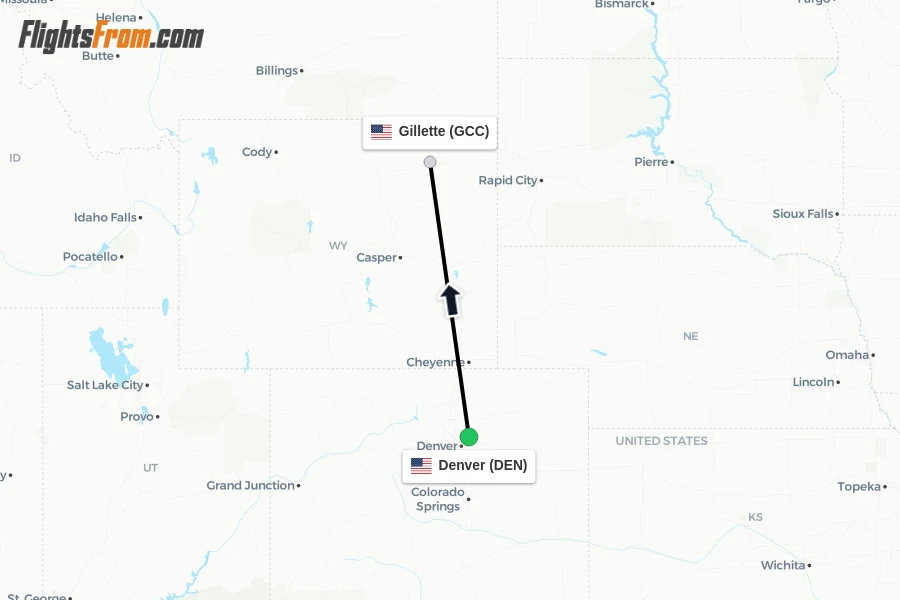 Flights from Denver to Gillette route map