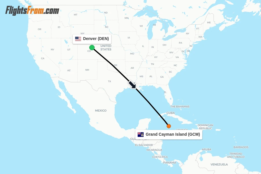 Flights from Denver to Grand Cayman Island route map