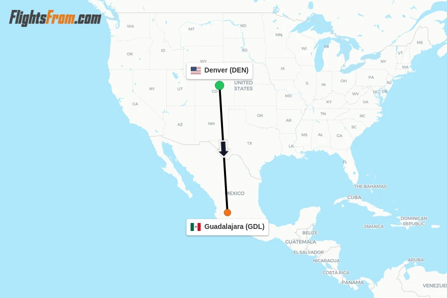 Flights from Denver to Guadalajara route map