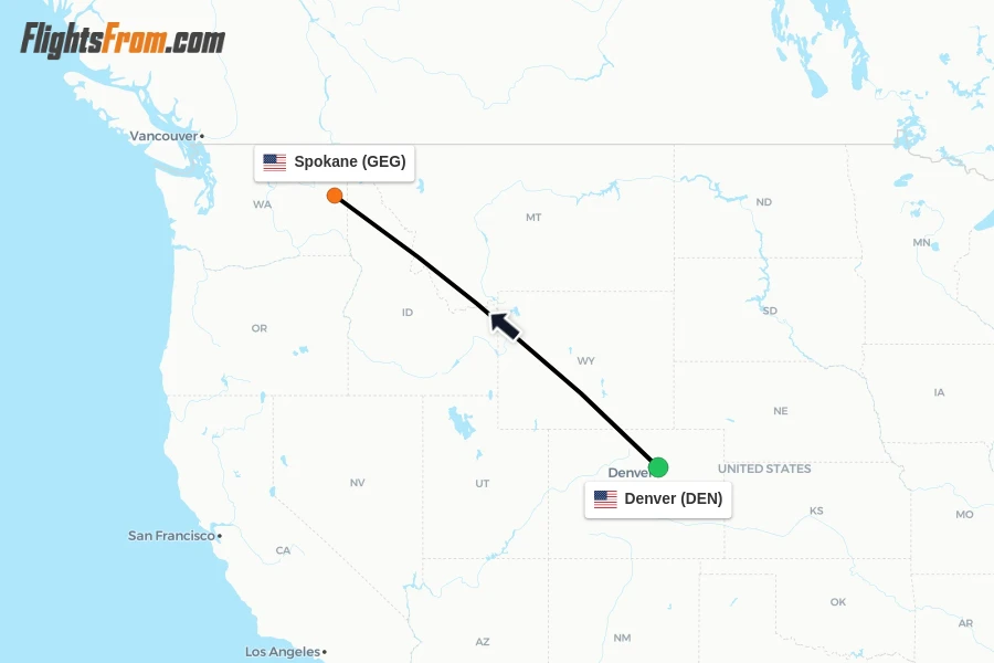 Flights from Denver to Spokane route map