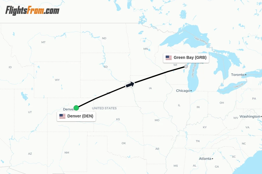 Flights from Denver to Green Bay route map