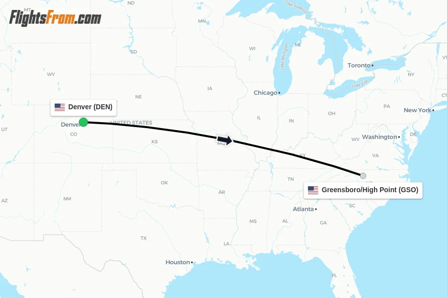 Flights from Denver to Greensboro/High Point route map