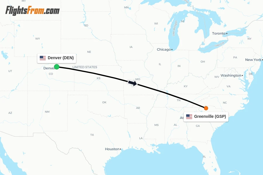 Flights from Denver to Greenville route map