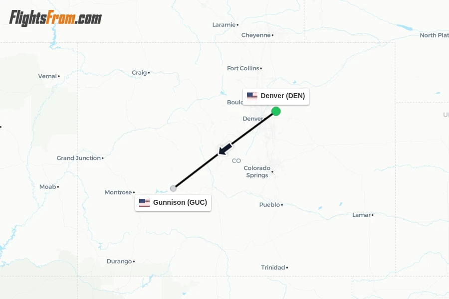 Flights from Denver to Gunnison route map