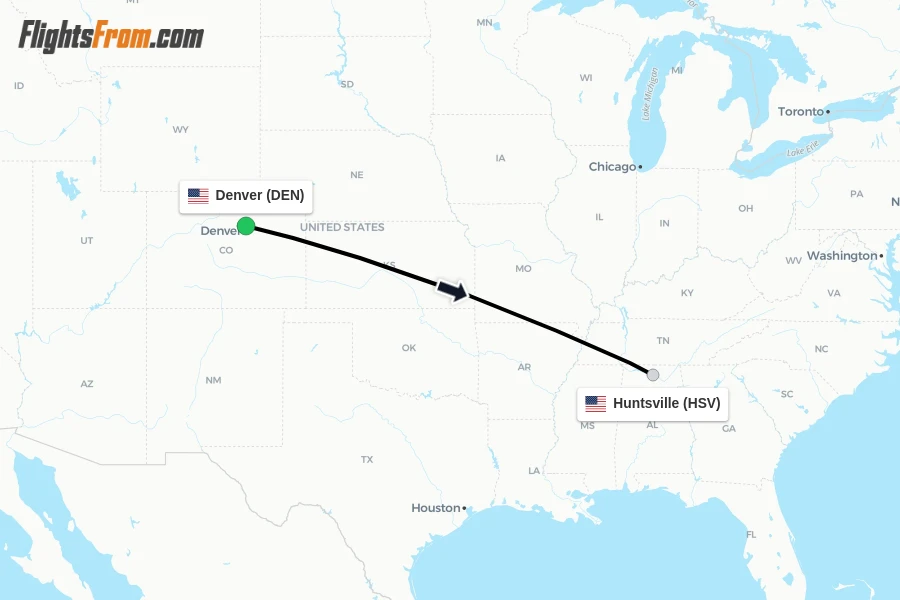 Flights from Denver to Huntsville route map