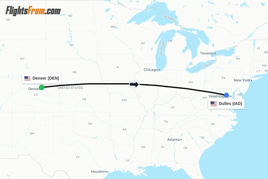 Flights from Denver to Dulles route map