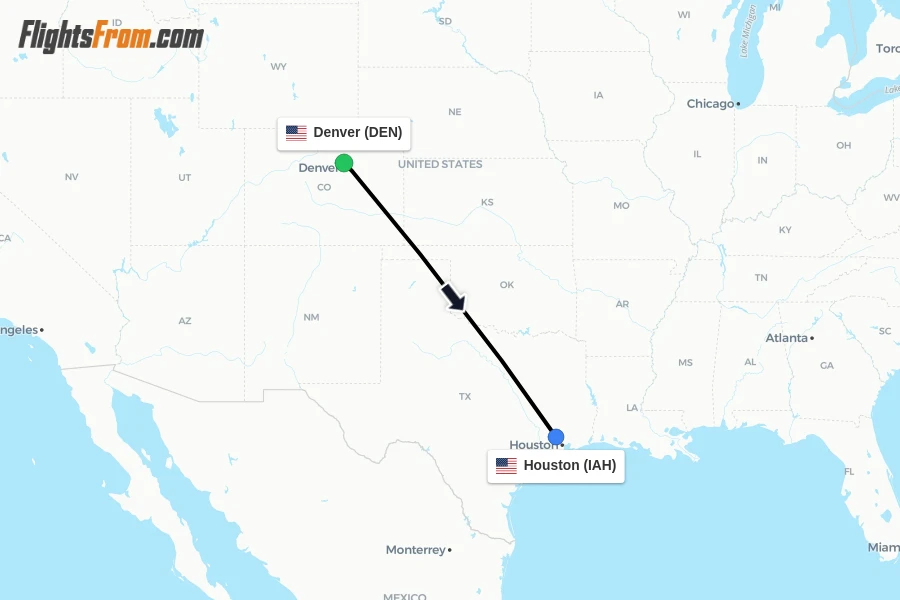 Flights from Denver to Houston route map