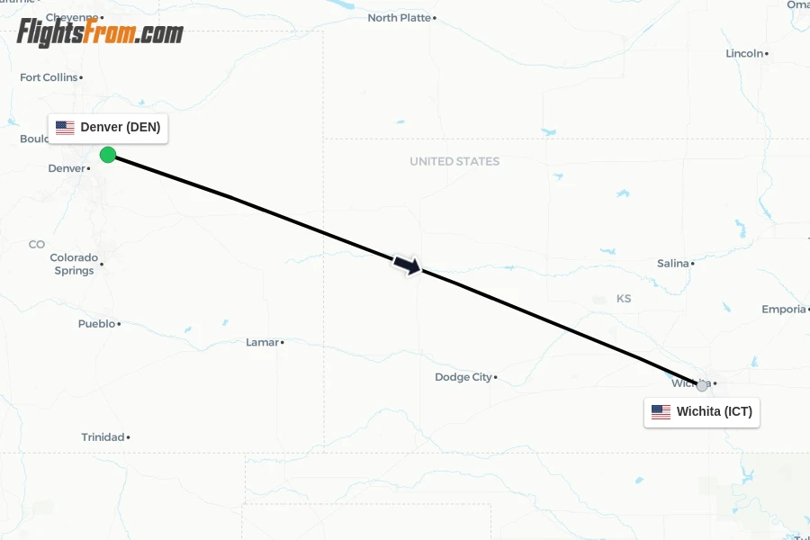 Flights from Denver to Wichita route map
