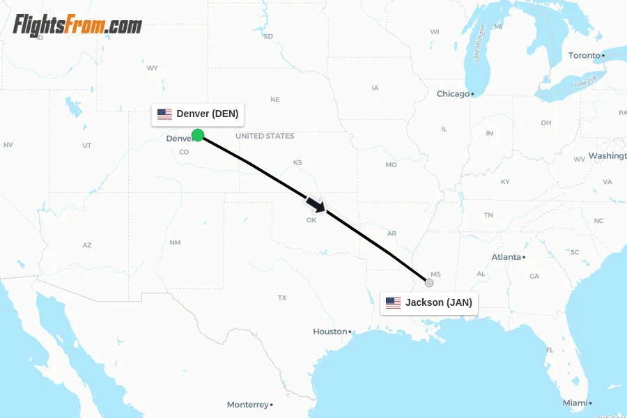 Flights from Denver to Jackson route map