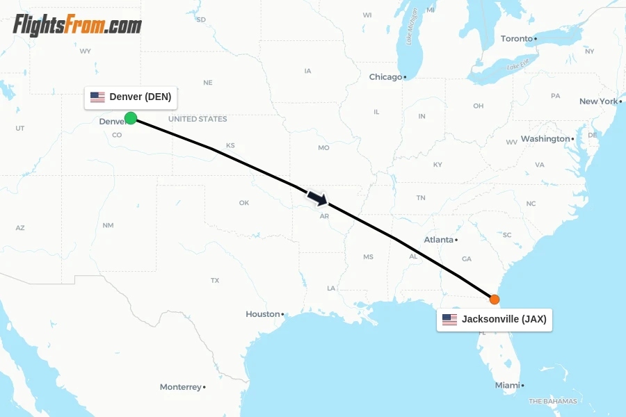Flights from Denver to Jacksonville route map