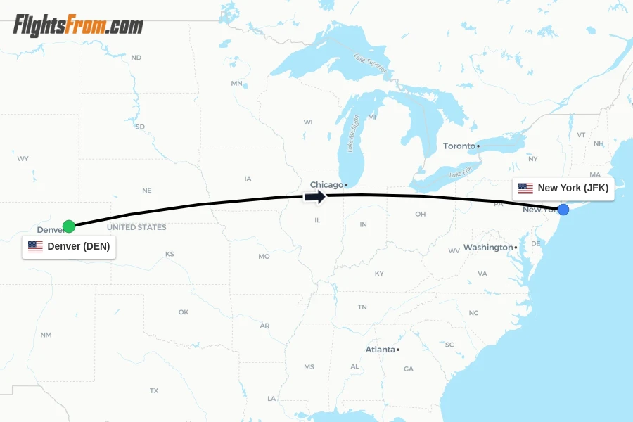 Flights from Denver to New York route map